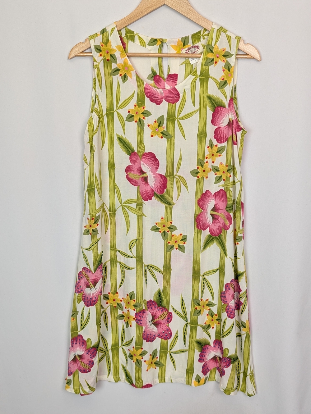 Vintage Peppermint Bay Tropical Bamboo Floral Dress Beaded